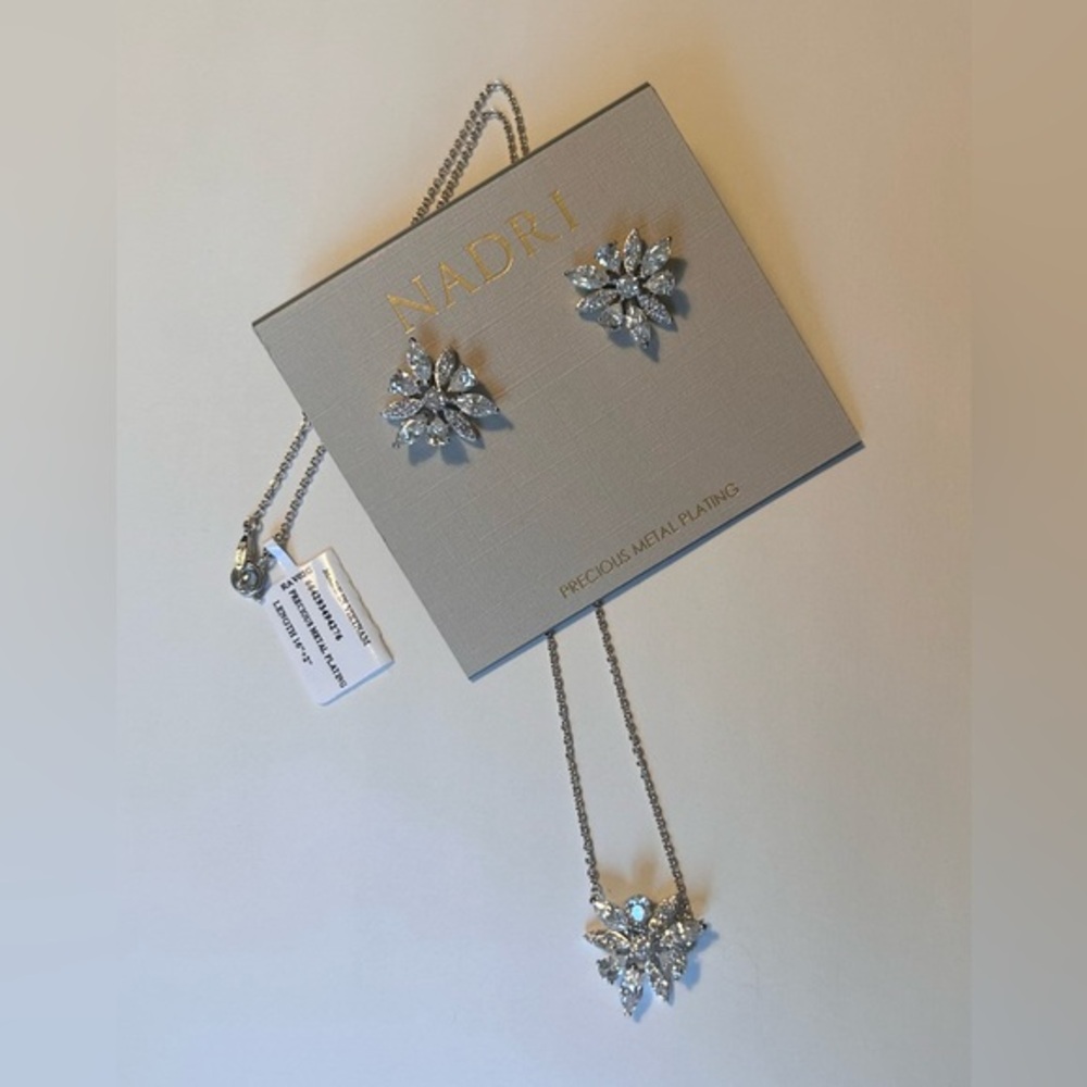 NWT NADRI Silver Necklace & Earrings Set, Precious Metal Plating, Floral Design